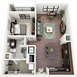 a 3d drawing of the living room with a bedroom