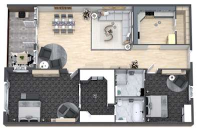 A floor plan of a house with a living room, dining room, kitchen, and bathroom.