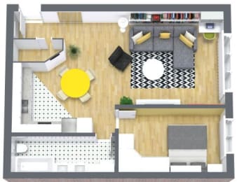 of a living room and dining room with a yellow table