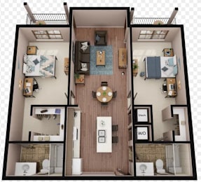 3d floor plan of a house with a bedroom and living room