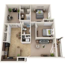 A 3D floor plan of a two-bedroom apartment with a living room, kitchen, and bathroom.