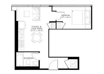 A black and white image of a floor plan for a home with a kitchen, living room, bathroom, and bedroom.