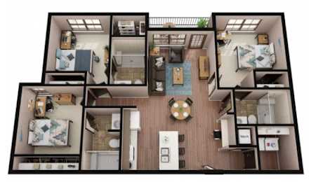 A top-down view of a small apartment layout with a kitchen, living room, and two bedrooms.