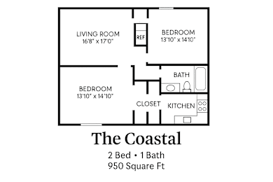 A floor plan of a 2 bedroom apartment with a living room, two bedrooms, a bathroom, a kitchen, and a closet.