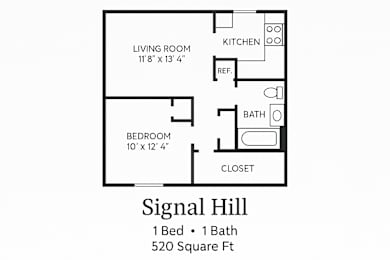 A floor plan of a one bedroom, one bathroom apartment at Signal Hill.
