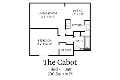 A floor plan of a one bedroom apartment named "The Cabot" with 700 square feet.