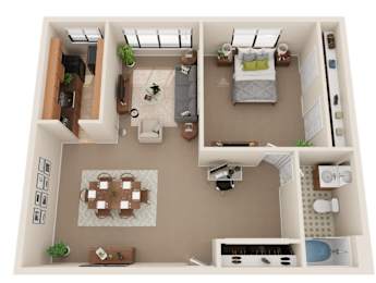 A top-down view of a small apartment with a living room, kitchen, and bedroom.