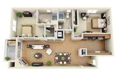 A top-down view of a house interior with a living room, kitchen, and dining area.