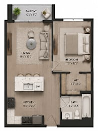A floor plan of a small apartment with a living room, kitchen, bathroom, and bedroom.