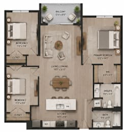 A floor plan of an apartment with a living room, two bedrooms, a kitchen, and a bathroom.