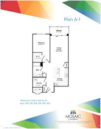 A floor plan for a one bedroom apartment with a living/dining room and kitchen area.