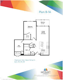 A floor plan for Plan B-1A shows the layout of a living space with a bedroom, bathroom, living/dining area, and kitchen.