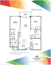 A floor plan for a two bedroom apartment with dimensions and square footage.