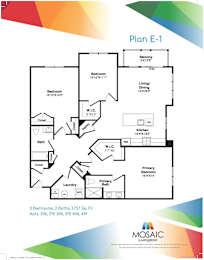 A floor plan for a Mosaic Livingston apartment shows three bedrooms, two baths, and living/dining room.