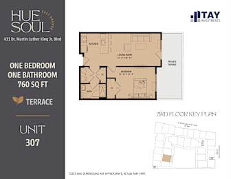 A floor plan for a 760 square foot apartment with one bedroom and one bathroom.