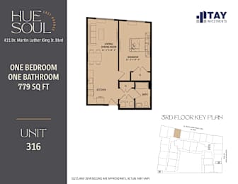 A floor plan for a 779 square foot apartment with one bedroom and one bathroom is displayed.