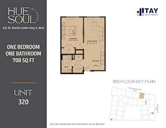 A floor plan for a 708 square foot apartment with one bedroom and one bathroom.