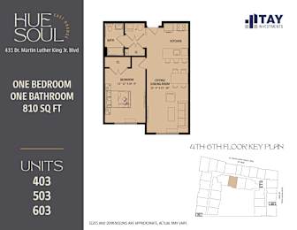 A floor plan for a 431 Dr. Martin Luther King Jr. Blvd apartment shows a one bedroom, one bathroom apartment is 810 square feet.