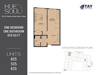 A floor plan for a one bedroom, one bathroom apartment at Hue Soul apartments.