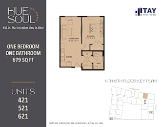 A floor plan for a one bedroom, one bathroom apartment at Hue of Soul apartments.