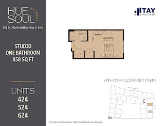 A floor plan for a studio apartment with one bathroom is shown along with the apartment's address and dimensions.