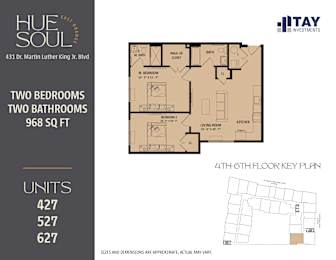 A floor plan for a two bedroom, two bathroom apartment at Hue Soul Apartments.
