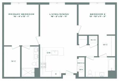 Floor Plan  A floor plan of a home with a primary bedroom, living/dining area, and two additional bedrooms.