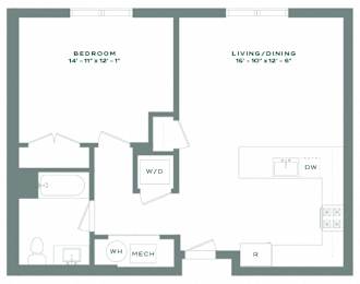 Floor Plan  A floor plan of a bedroom and living/dining area with dimensions.