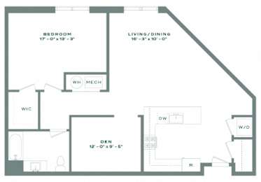 Floor Plan  A floor plan of a home with a living room, dining room, bedroom, and bathroom.