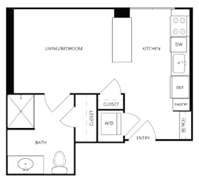 Floor Plan  A floor plan of a house with a living room, kitchen, bathroom, pantry, and closet.
