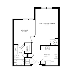 Floor Plan  A floor plan of a house with a bedroom, bathroom, kitchen, pantry, and living/dining room.