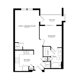 Floor Plan  A floor plan of a home with a living room, kitchen, bathroom, bedroom, and pantry.