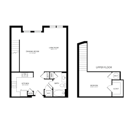 Floor Plan  A floor plan of a house with a living room, dining room, kitchen, bathroom, bedroom, and closet.