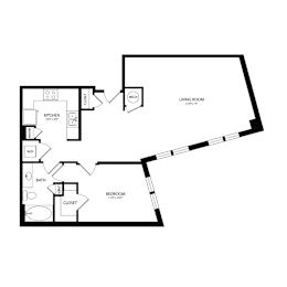 Floor Plan  A floor plan of a home with a living room, kitchen, bathroom, and bedroom.