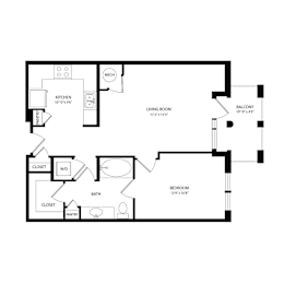 Floor Plan  A floor plan of a home with a kitchen, living room, bedroom, bathroom, and pantry.