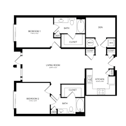 Floor Plan  A black and white image of a floor plan for a two bedroom apartment.