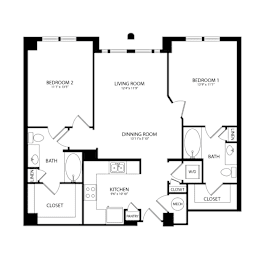 Floor Plan  A black and white image of a floor plan for a house with three bedrooms, a living room, a dining room, a kitchen, two bathrooms, and a laundry area.