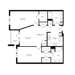 Floor Plan  A black and white image of a floor plan for a two bedroom apartment.