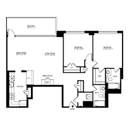 A black and white floor plan of a house with a balcony, two bedrooms, a living room, a dining room, a kitchen, a home office, and two bathrooms.