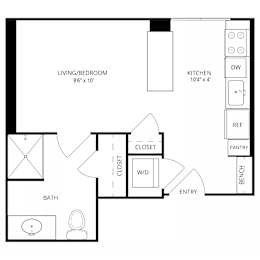 Floor Plan  A floor plan of a house with a living room, kitchen, bathroom, closet, and pantry.