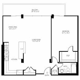 Floor Plan  A black and white image of a floor plan for a home with a living room, dining area, kitchen, bathroom, and bedroom.