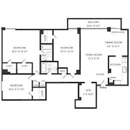Floor Plan  A black and white image of a floor plan for a home with a balcony, three bedrooms, a living room, a dining room, a kitchen, a foyer, a pantry, and a den.