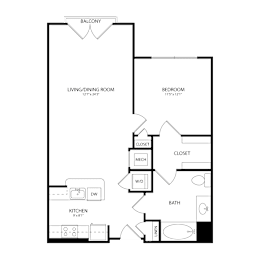 Floor Plan  A floor plan of a balcony apartment with a living/dining room, kitchen, bedroom, bathroom, and closet.