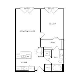Floor Plan  A floor plan of a house with two balconies, a living/dining room, a kitchen, a bath, a bedroom, a closet, and a mech.
