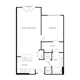 Floor Plan  A floor plan of a house with a balcony, living/dining room, kitchen, bedroom, bathroom, and closet.
