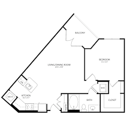 Floor Plan  A floor plan of a home with a balcony, kitchen, bath, and closet.