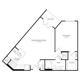 Floor Plan  A floor plan of a house with a living room, dining room, kitchen, bathroom, and bedroom.