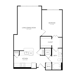 Floor Plan  A floor plan of a house with a living/dining room, kitchen, bathroom, and closet.