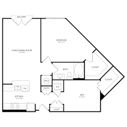 Floor Plan  A floor plan of a house with a balcony, living/dining room, kitchen, pantry, two bedrooms, and three closets.