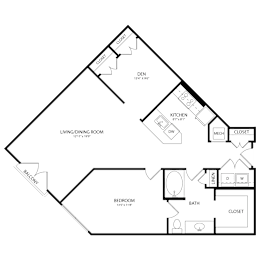 Floor Plan  A floor plan of a house with a living room, dining room, kitchen, and two bedrooms.